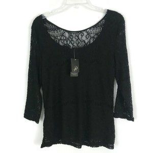 Andrianna Papell Womens Shirt Size Medium M Black Lace 3/4 Sleeve Blouse NEW